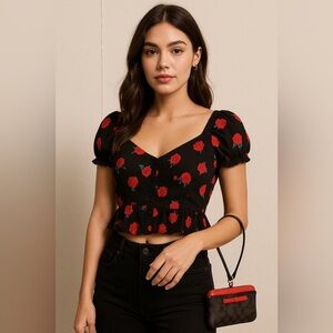 Zara Floral Black and Red Women's Top Crop Top Size Small
